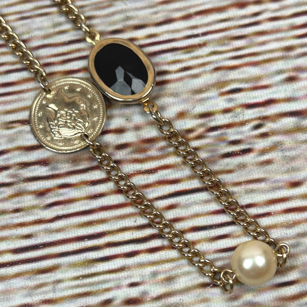 Gold Tone Coin Black Stone Faux Pearl Charm Pendant‎ Necklace